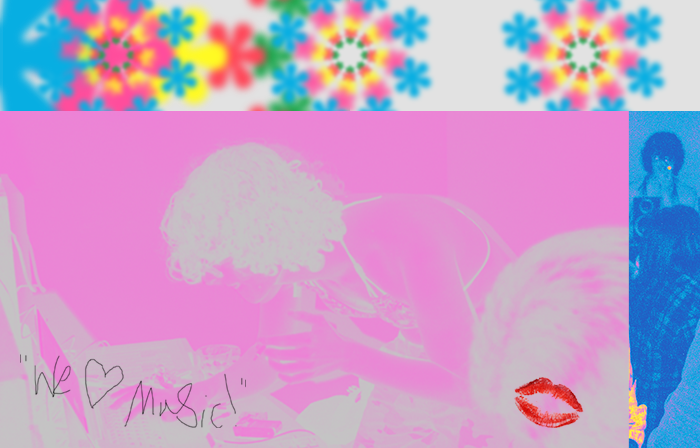 A pink-and-white image of someone DJing, with superimposed spirals of flowers. Text reads 'We Love Music!'